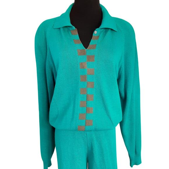 Vintage 80s Collared Crop Sweater + Straight Leg Knit Pants Set Aqua Womens L/XL - Picture 2 of 10